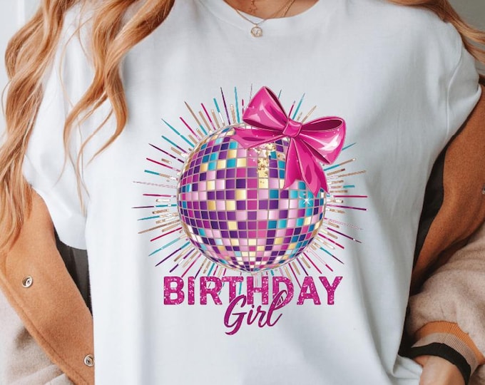 Pink Coquette Disco Ball Birthday Girl Shirt, Birthday Girl Comfort Colors Shirt, Girls Birthday Party Shirts, Girly Pink Bow Shirt