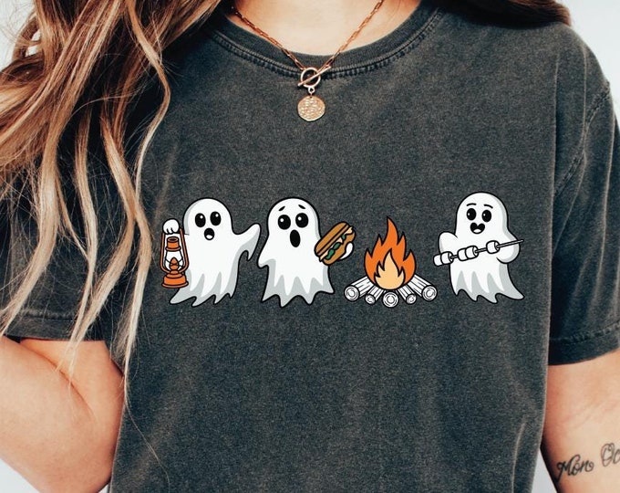 Comfort Colors Camping Halloween Ghost Shirt, Halloween Costume, Spooky Season Shirt, Women Fall Tshirt, Halloween Party Tee, Cute Ghost Tee