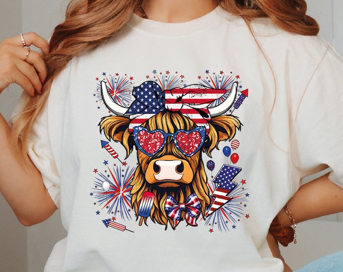 Highland Cow 4th Of July T-Shirt, Independence Day Shirt, American Cow T-shirt, Patriotic Shirt, Cow Lover Gift, Western 4th of July Shirt