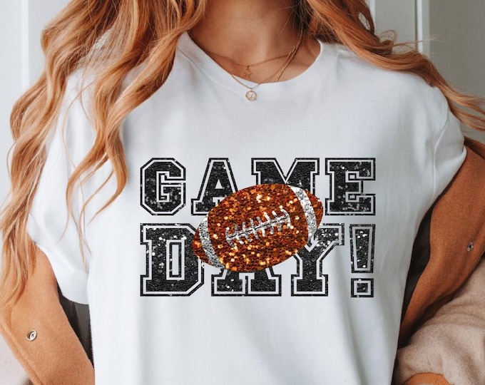 Game Day Football Shirt, Custom Faux Glitter Game Day Shirt, Touchdown Season Tee, Football Mama Shirt, Game Day Football Bow, Team Spirit
