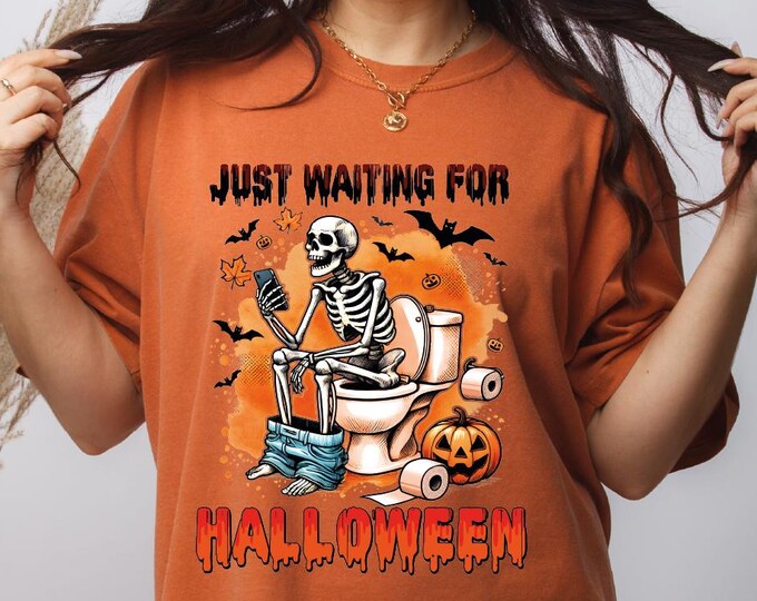 Comfort Colors Just Waiting for Halloween Shirt, Funny Skeleton Shirt, Halloween Skeleton Tee, Funny Halloween Skeleton Shirt, Fall Pumpkin