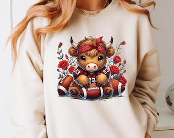 Personalized Highland Cow Football Sweatshirt, Football Highland Cow Sweater, Football Season Highland Cow Hoodie, Touchdown Season Cow Gift