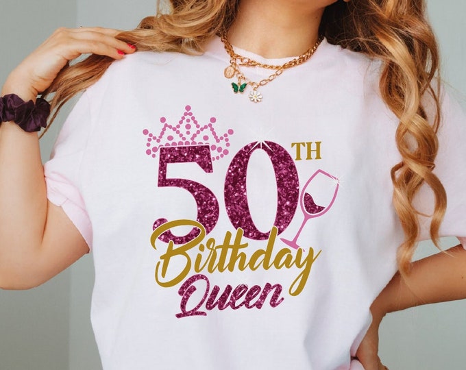 50th Birthday Queen Shirt, Birthday Queen Shirt, 1975 Birthday Tee, 50th Birthday Party, 50th Birthday Gift, Faux Glitter Mom Birthday Gift