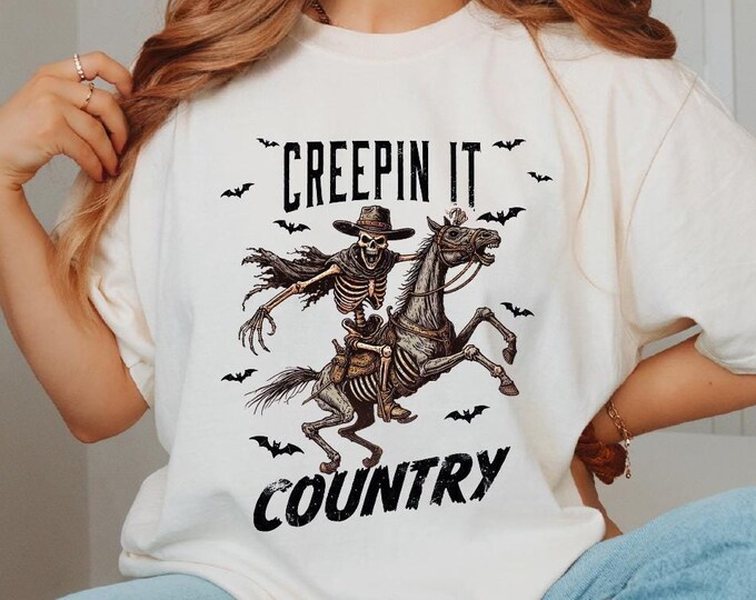 Halloween Retro Shirt, Retro Creepin It Country Rodeo Shirt, Creepin It Country Shirt, Rodeo Cowboy Horse Halloween Kids Tee,Cowboy Skeleton
