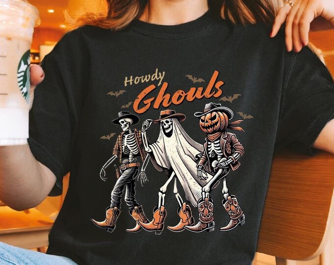 Comfort Colors Halloween Western Shirt, Howdy Ghouls Halloween Shirt, Western Halloween Pumpkin Shirt, Cowboy Skeleton Shirt, Fall Skeleton
