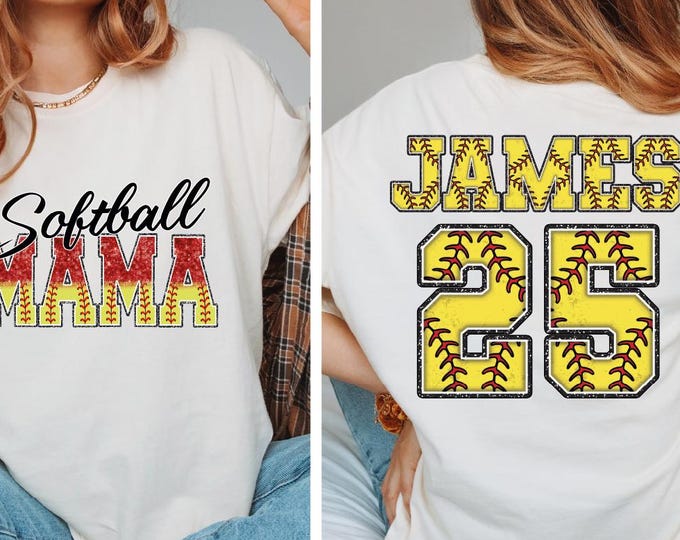 Comfort Colors Custom Softball Mama Shirt, Custom Child Name & Number Softball Mama Shirt, Softball Season Shirt, Softball Glitter Tee, BP