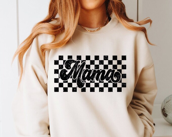Retro Checkered Mama Sweatshirt, Retro Mama Hoodie, Mother’s Day Gift, Mom Life Sweatshirt, Motherhood Sweater, Retro Mom Hoodie, Mom Gift