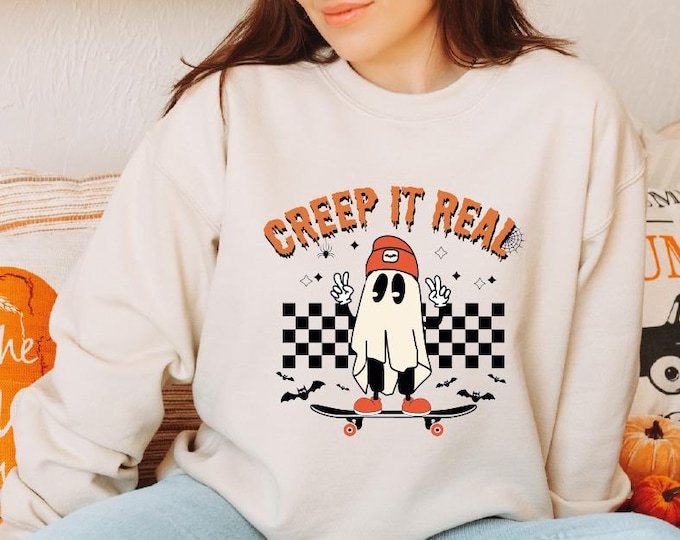 Retro Halloween Creep it Real Sweatshirt, Vintage Ghost Halloween Hoodie, Witch Sweater, Vintage Fall Apparel, Horror Mimi Clothing Gift Her