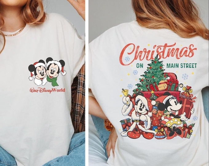 Two-Sided Mickey Minnie Couple Disney Christmas Shirt, Disney Christmas On Main Street Shirt, Mickey Minnie Christmas Party Tee, Disneyworld