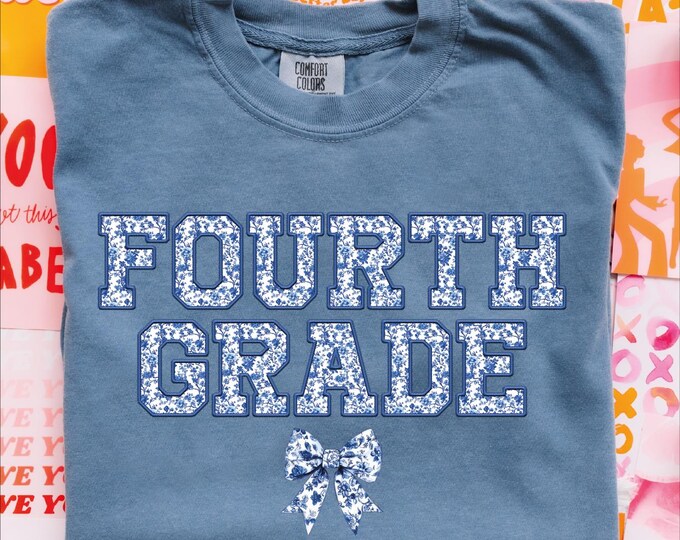 Comfort Colors Fourth Grade Teacher Shirt, 4th Grade Teacher Shirt, 4th Grade Shirt, Fourth Grade Shirt, Elementary School Blue Coquette Bow
