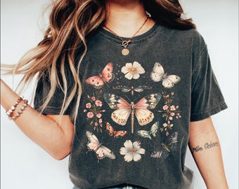 Boho Butterflies Shirt, Boho Cottagecore Monarch Butterfly Comfort Colors Shirt, Wildflowers Shirt, Cottagecore T-Shirt, Cottage Core Shirt