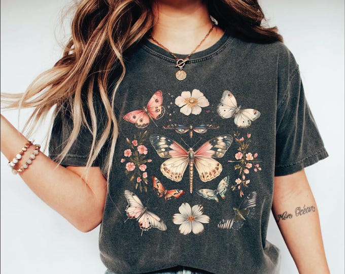 Boho Butterflies Shirt, Boho Cottagecore Monarch Butterfly Comfort Colors Shirt, Wildflowers Shirt, Cottagecore T-Shirt, Cottage Core Shirt