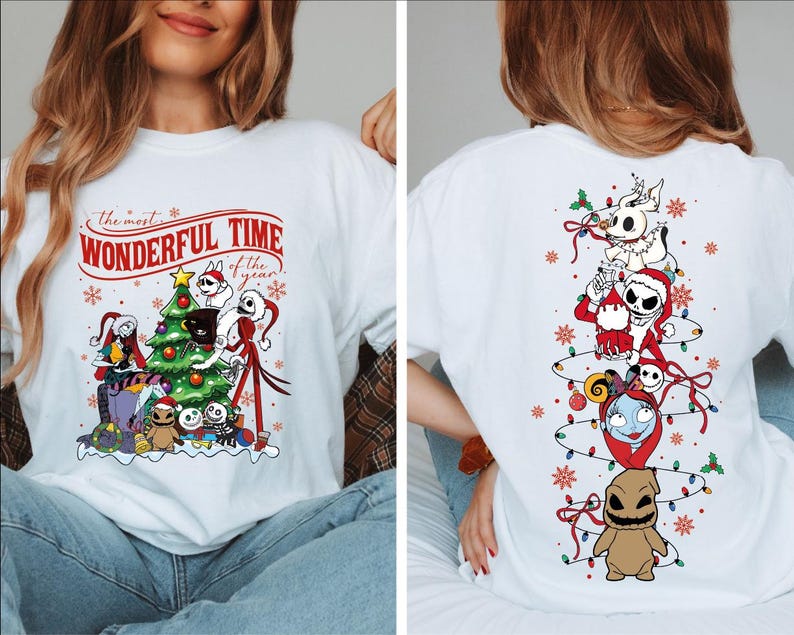 The image is a collage of two photos featuring a white t-shirt with a Christmas-themed design. The design includes a Christmas tree, Santa Claus, Jack Skellington, and other characters from the " Nightmare Before Christmas" movie.
