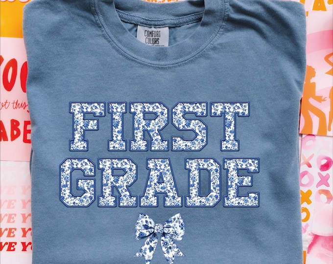 Comfort Colors First Grade Teacher Shirt, Back to School 1st Grade Tee, Teacher Appreciation Gift, Cute Elementary School, Blue Coquette Bow