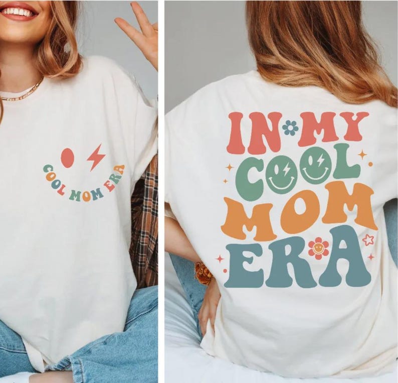 a woman wearing a t - shirt that says, in my cool mom era