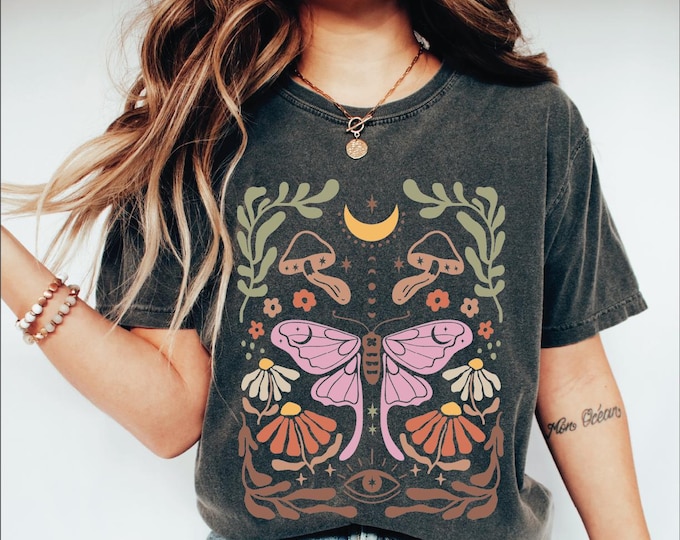 Comfort Colors Boho Flower Shirt, Boho Butterfly Floral Shirt, Vintage Style Boho Shirt, Wildflower Shirt, Front or Back, Art Nouveau Shirt