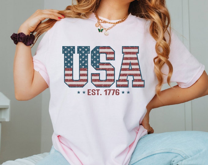 Retro USA Est 1776 Shirt, America 4th of July T-Shirt, USA Flag Shirt, Stars and Stripes Tee, American Women Shirt, Independence Day Shirt