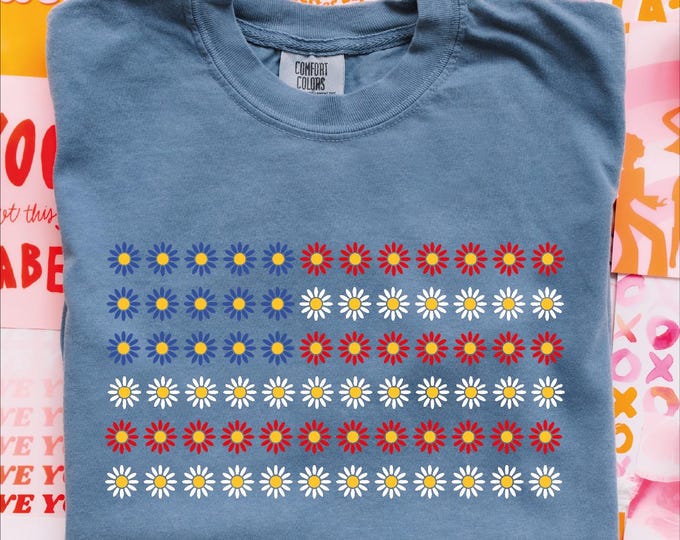 Comfort Colors Floral America Flag Shirt, Flag With Flowers Shirt, Independence Day Shirt, 4th Of July Shirt, Patriotic Red White Blue Shirt
