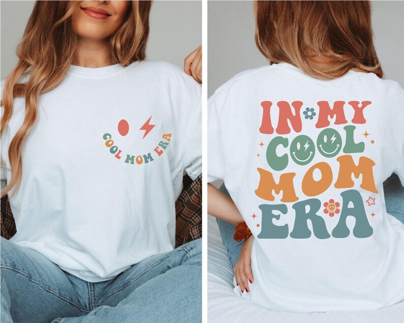 a woman wearing a white shirt that says in my cool mom era