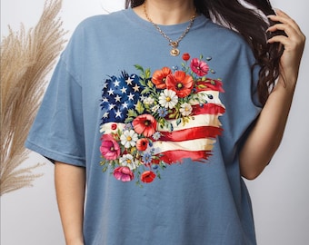Floral American Flag Comfort Colors Shirt, Womens 4th Of July Shirt, Floral USA Shirt, Patriotic Shirt, Memorial Day Gift, Independence Day