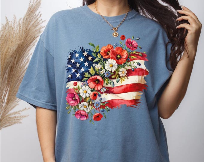 Floral American Flag Comfort Colors Shirt, Womens 4th Of July Shirt, Floral USA Shirt, Patriotic Shirt, Memorial Day Gift, Independence Day