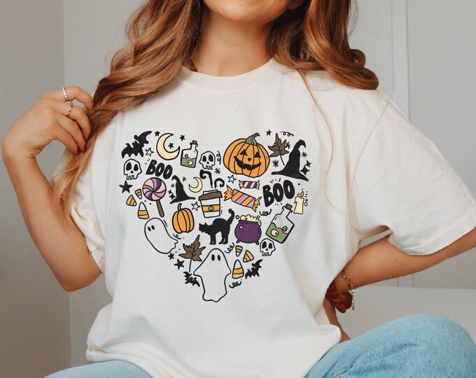 Halloween Doodle Heart Shirt, Pumpkin Doodle T-Shirt, Halloween Doodle Ghost Shirt, Retro Halloween Heart Shirt, Cute Fall Doodle Shirt Gift