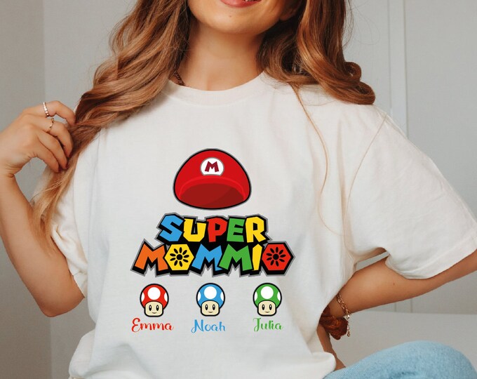Personalized Super Mommio Game Shirt, Super Mommio Shirt, Mother's Day Tee, Gift for Mom, Matching Family Tee, Custom Kids Name, Gamer Mom