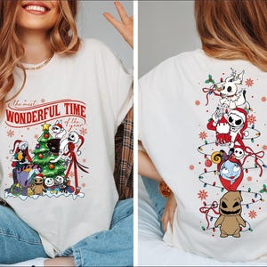 The image is a collage of two photos featuring a woman wearing a white t-shirt with a Christmas-themed design. The design includes various Christmas-related characters and decorations, such as a Christmas tree, Santa Claus, Jack Skellington, and other iconic holiday figures.