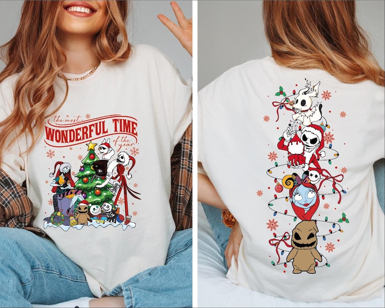 The image is a collage of two photos featuring a woman wearing a white t-shirt with a Christmas-themed design. The design includes various Christmas-related characters and decorations, such as a Christmas tree, Santa Claus, Jack Skellington, and other iconic holiday figures.