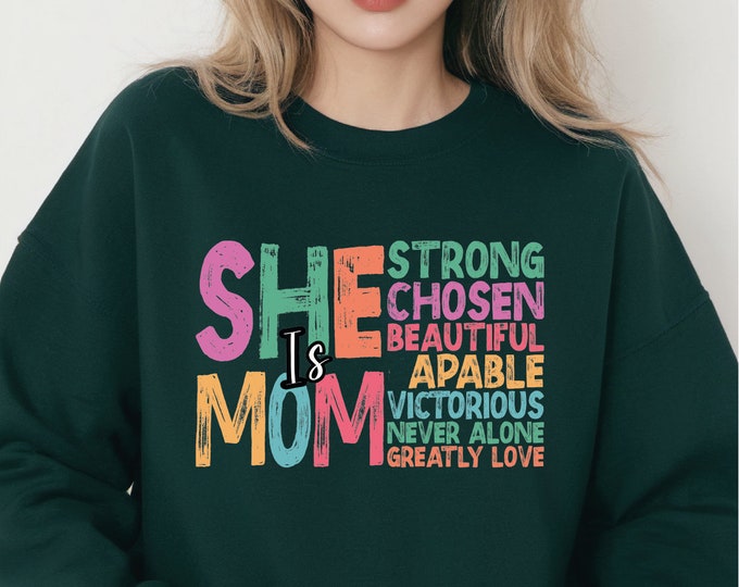 She is Mom Sweatshirt, Retro Mom Crewneck, Mother's Day Gift, Christian Mom Sweater, Mom Bible Verse Hoodie, Blessed Mom, Strong Mom Sweater