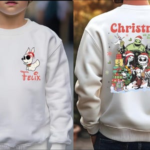 The image is a collage of two different views of a person wearing a white sweatshirt with a Christmas-themed design.