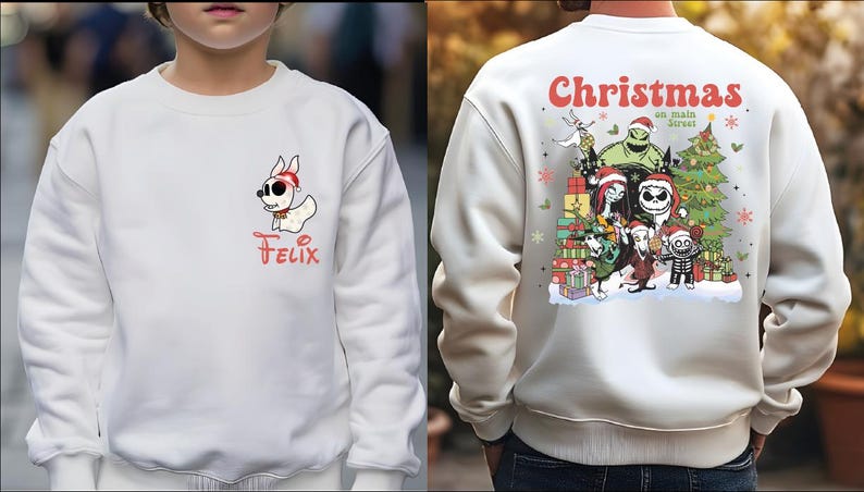 The image is a collage of two different views of a person wearing a white sweatshirt with a Christmas-themed design.