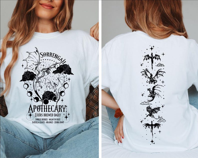 a woman wearing a white t - shirt with a graphic on it