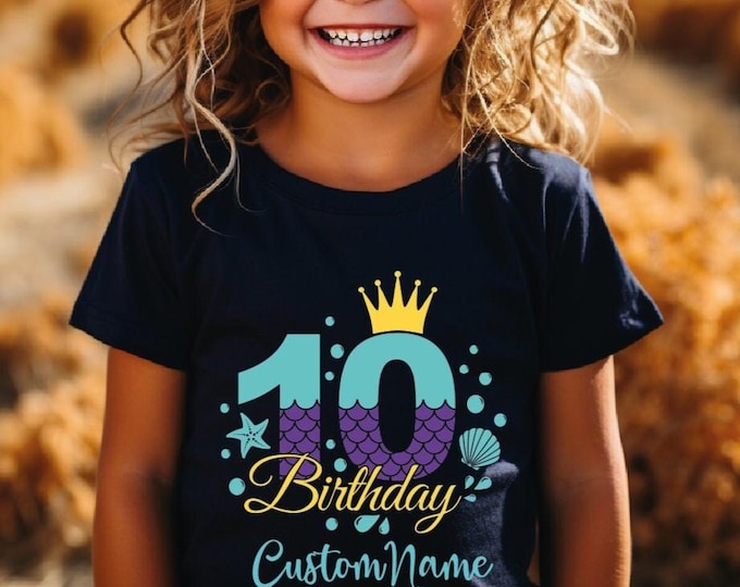 Mermaid Sparkly Birthday Outfit, Mermaid Birthday Shirt, Custom Name Birthday Kids Shirt, From 2 to 10 Birthday Mermaid Outfit, Mermaid Bday