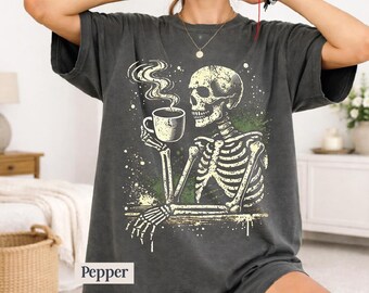Skeleton Drinking Tee, Funny Halloween Shirt - Coffee Lover Graphic, Comfort Colors, Unisex S-3XL