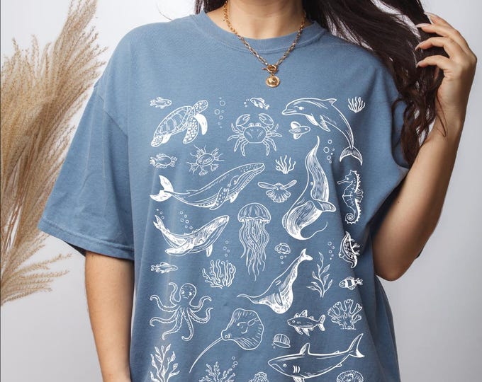 Coastal Summer Ocean Life Comfort Colors Shirt, Sea Life Shirt, Ocean Animal Shirt, Summer Coastal Shirt, Sea Creatures Shirt, Trendy Fish