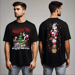 A man wearing a black t-shirt with a Christmas-themed design featuring characters from the movie "The Nightmare Before Christmas".