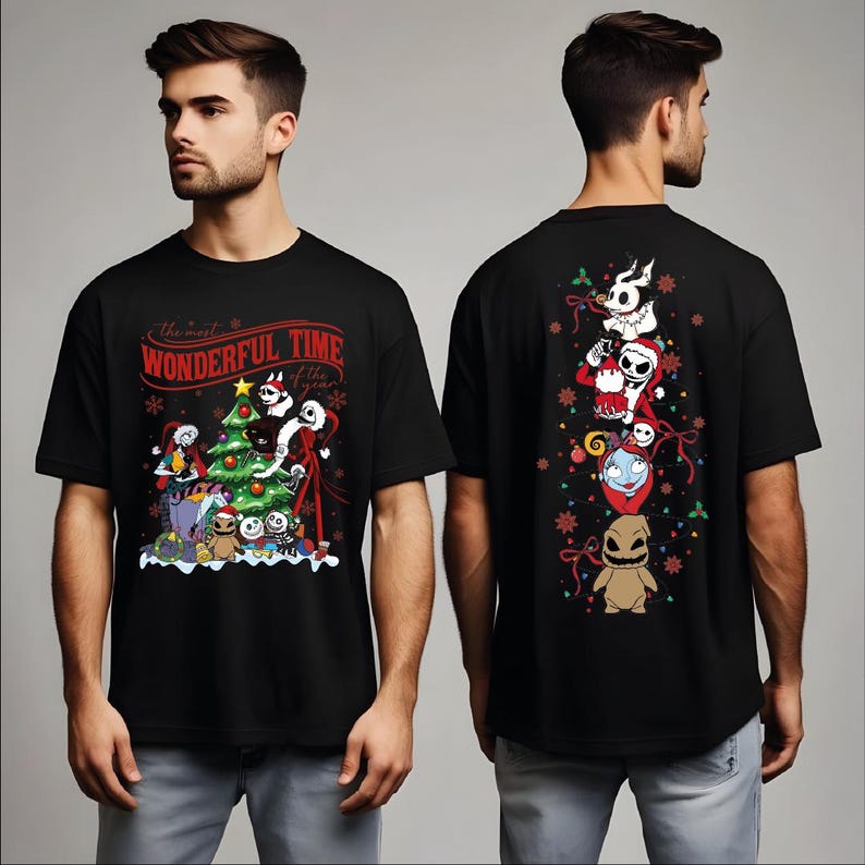 A man wearing a black t-shirt with a Christmas-themed design featuring characters from the movie "The Nightmare Before Christmas".