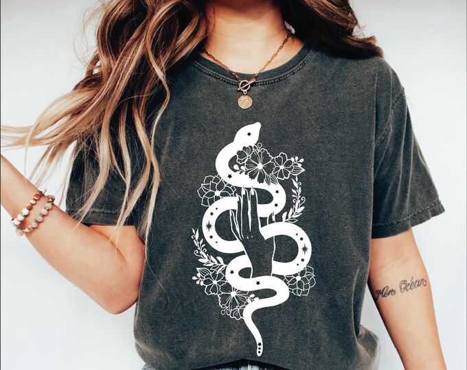 Floral Snake with Hand Shirt, Comfort Colors T-Shirt, Feminist Floral Snake Lover Shirt, Spooky Whimsigoth Boho Gift Idea, Floral Witchy Tee
