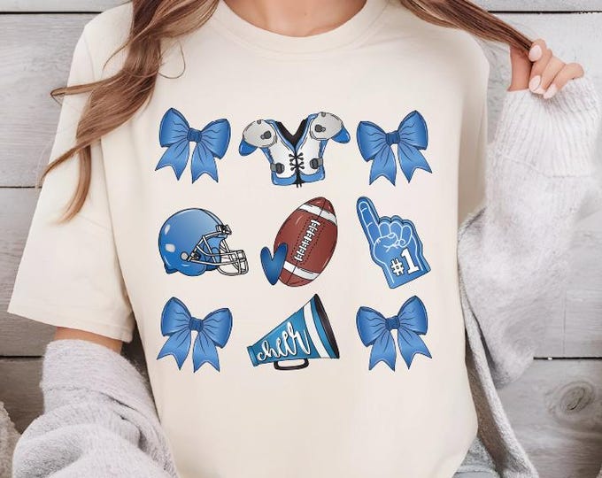 Coquette Blue Football Shirt, Football Bow Shirt, Football Mom Shirt, Sports Shirt, Football Mom Shirt, Blue Football Helmets, Football Tees