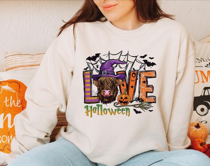 Highland Cow Halloween Sweatshirt, Halloween Love Cow Sweatshirt, Fall Halloween Hoodie, Ghost Cows Sweater, Cow Lover Halloween Sweatshirt