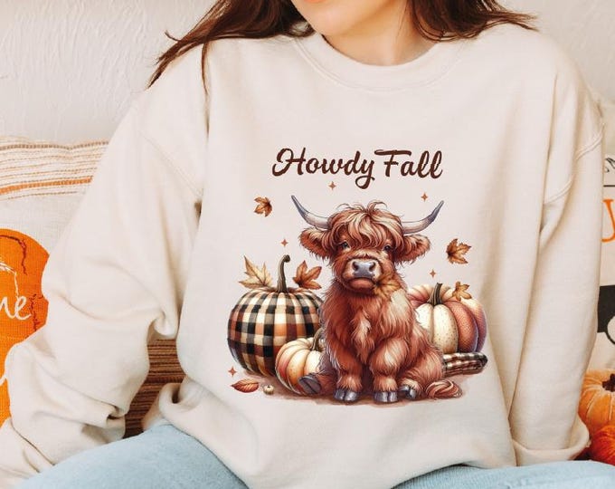 Howdy Fall Cow Sweatshirt, Funny Fall Cow Hoodie, Pumpkin Cow Sweater, Fall Western Cow Hoodie, Retro Fall, Fall Pumpkin Highland Cow Hoodie