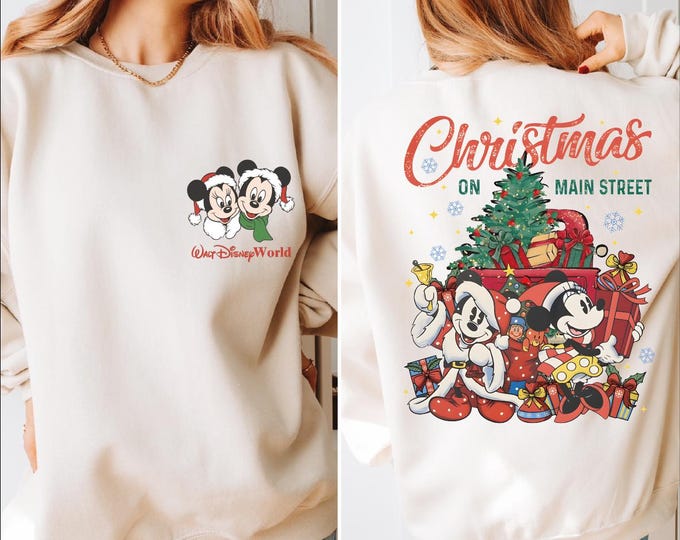 Two-Sided Mickey Minnie Couple Disney Christmas Sweatshirt, Disney Christmas On Main Street Hoodie, Mickey Minnie Christmas,Xmas Disney Gift