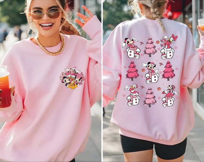Two-Sided Minnie Daisy Disney Pink Christmas Sweatshirt, Mickey's Very Merry Christmas Party Hoodie, WDW Disney Pink Trees, Disney Christmas