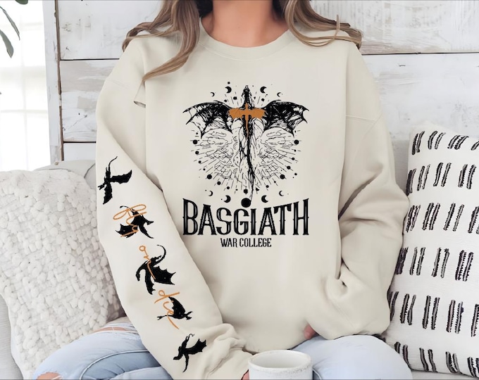 Basgiath War College Sweatshirt with Dragons on Sleeve, Fourth Wing Hoodie, Dragon Rider Gift, Rebecca Yorros, Fly Or Die, Violet, BP