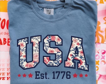 Comfort Colors USA Shirt, 4th of July Shirt, Floral USA Tee, Summer Patriotic Shirt for Women, America Est 1776 Shirt, Red White Blue Shirt