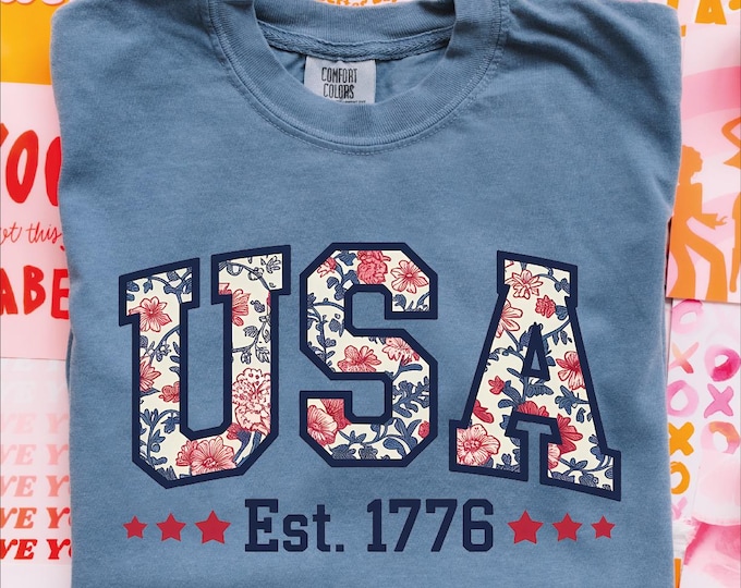 Comfort Colors USA Shirt, 4th of July Shirt, Floral USA Tee, Summer Patriotic Shirt for Women, America Est 1776 Shirt, Red White Blue Shirt