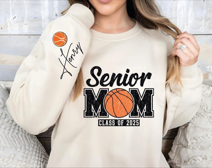 Custom Senior Basketball Mom Sweatshirt, Custom Retro Basketball Senior Mama Crewneck, 2025 Senior Night Basketball Gift Kids Name Hoodie,BP