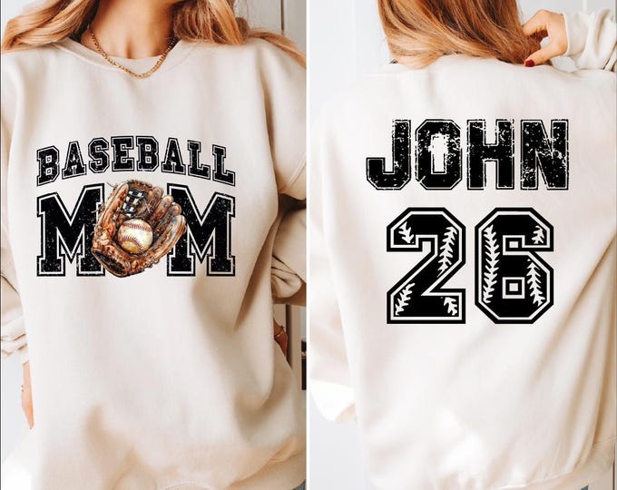 Custom Baseball Mom Sweatshirt, Baseball Player Name and Number Sweater, Baseball Mama Hoodie, Baseball Mom Gifts, Baseball Game Day, BP