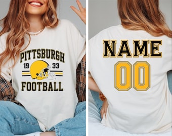 Camiseta de fútbol americano de Pittsburgh, camiseta de fútbol americano de Pittsburgh con nombre y número personalizados, camiseta de Pittsburgh personalizada, camiseta de temporada de fútbol americano, día de partido, BP